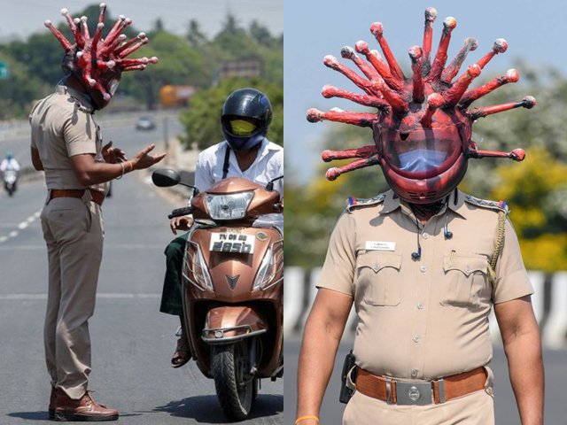 Cảnh sát Ấn Độ đội mũ hình virus corona để dọa người dân về nhà, kết quả không ai ngờ