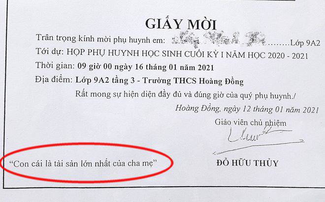 Ghi amp;#39;Con cái là tài sản lớn nhất của cha mẹamp;#39; lên giấy mời họp phụ huynh, thầy giáo bị phê bình - 1