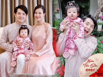 Con gái Đông Nhi xúng xính áo dài Tết nhưng mái tóc cây dừa kẹp nơ mới hút sóng