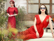 Thời trang - Quỳnh Nga suốt mùa Tết chăm diện đồ đỏ rực, có chiếc váy trễ sâu bất tận gây thót tim