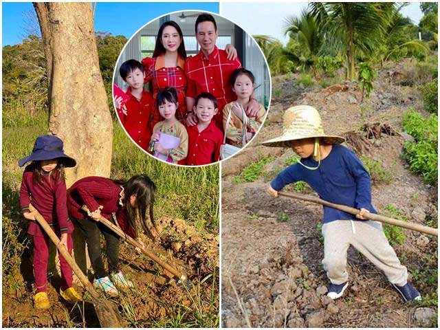 Lý Hải Minh Hà đăng ảnh cho 4 con tập cuốc đất, trồng cây