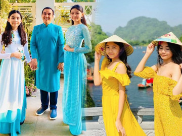 2 con gái của Quyền Linh diện đầm trễ vai ra dáng thiếu nữ