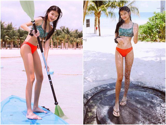 12 tuổi con gái Trương Ngọc Ánh mặc bikini khoe chân dài thẳng tắp ở bãi biển