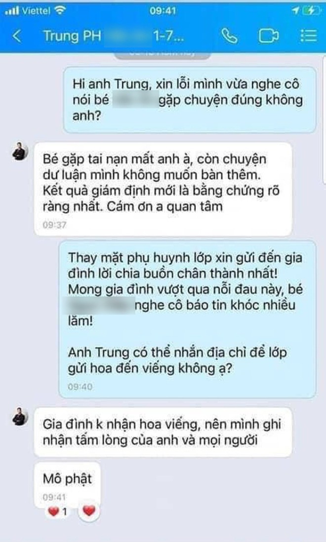 Cuộc trò chuyện giữa Thái và đại diện phụ huynh có con học cùng lớp với bé V.A. Tên đầy đủ của người bố là Nguyễn Kim Trung Thái - nhiều người vẫn gọi là anh Trung khi trò chuyện với Thái.