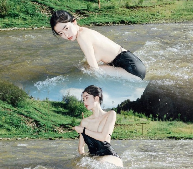 Thời gian trước, Ying Ning còn gây bão mạng với bộ ảnh mặc đồ bơi hở trọn tấm lưng trần đi tắm suối. Thông qua những hình ảnh mát mẻ này, cô nàng cũng gắn liền với biệt danh “nữ thần tắm suối”.
