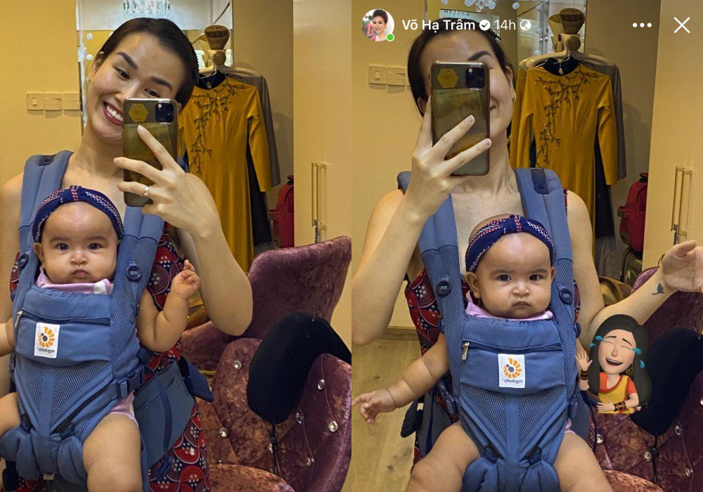 Biểu cảm trái ngược của bé Moon và mẹ trong cùng khung hình.