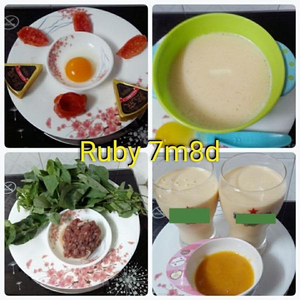 Bs: Cháo thịt bò rau ngót; Bp: Xoài nghiền; Bc: Cháo trứng gà cà chua phomai vị gà hầm. Ảnh mẹ Ruby