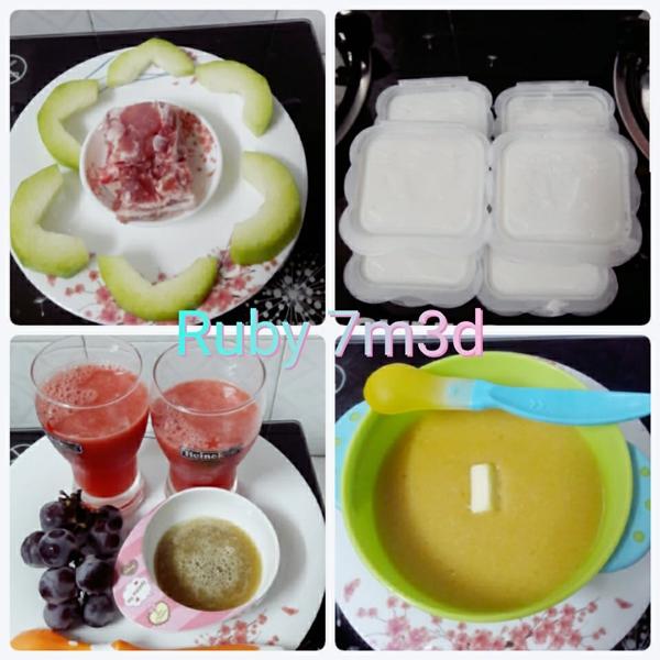 Bữa sáng (Bs): Cháo sườn bí xanh dầu olive; Bữa phụ (Bp): Nho nghiền; Bữa chiều (Bc): Cháo thịt nạc bí đỏ phomai dầu óc chó. Ảnh mẹ Ruby