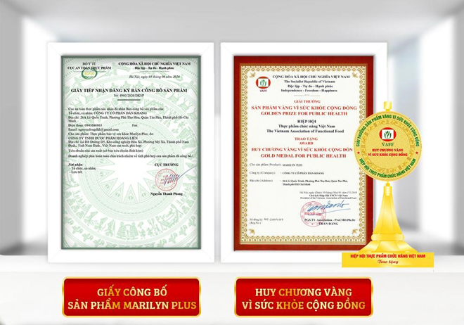 Giấy công bố và Huy chương vàng vì sức khỏe cộng đồng của sản phẩm Marilyn Plus