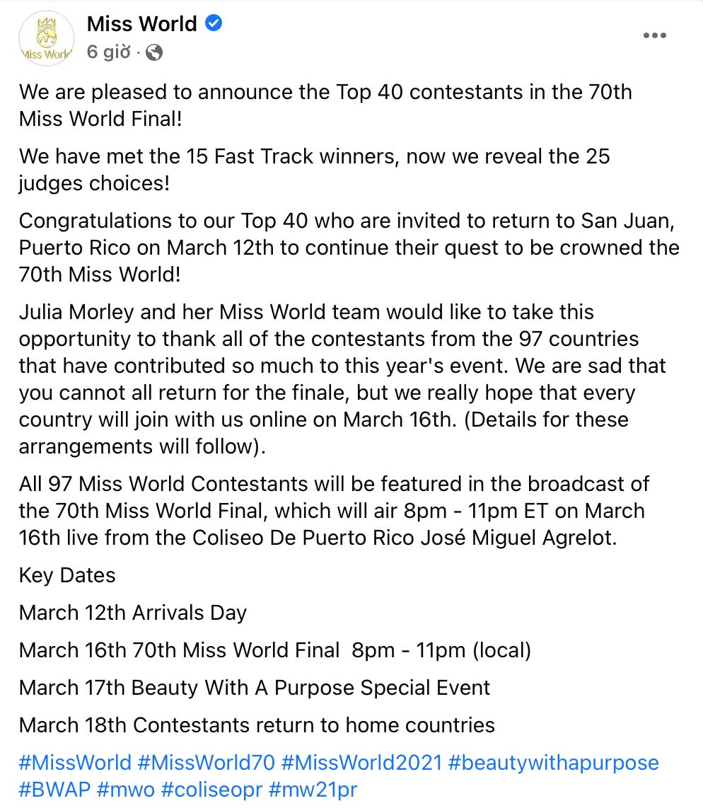 Miss World công bố Top 40, Đỗ Thị Hà chuẩn bị quay lại Peurto Rico giành vương miện Hoa hậu - 1