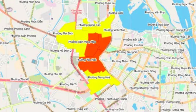 Bản đồ phân vùng cấp độ dịch của quận Cầu Giấy. Theo đó, quận Cầu Giấy hiện chỉ còn 3 phường thuộc vùng cam (vùng 3) và 4 phường được điều chỉnh từ cấp độ 3 xuống cấp độ 2.