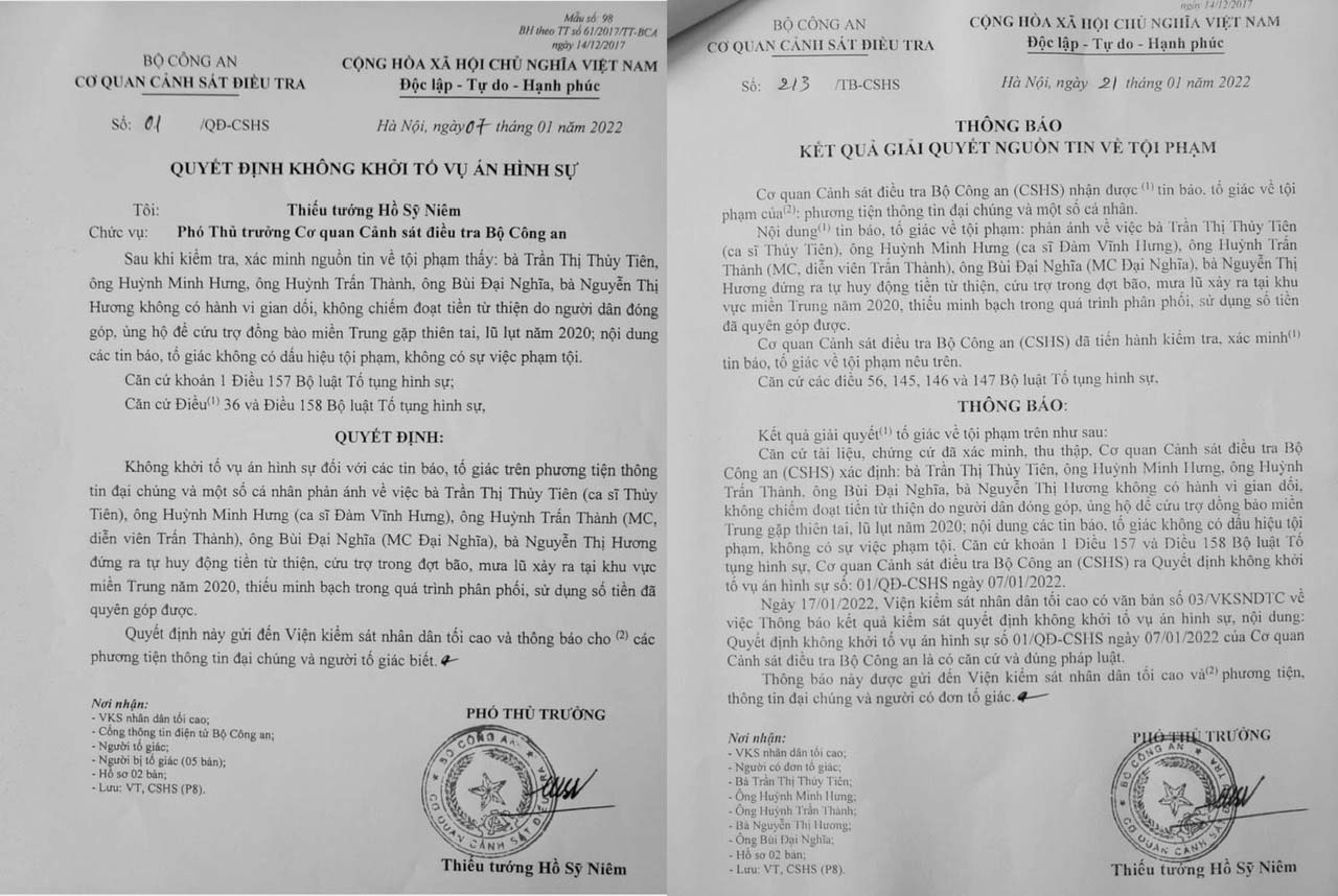 Thông báo Bộ Công an không khởi tố vụ án hình sự đối với các nghệ sĩ được Đàm Vĩnh Hưng chia sẻ