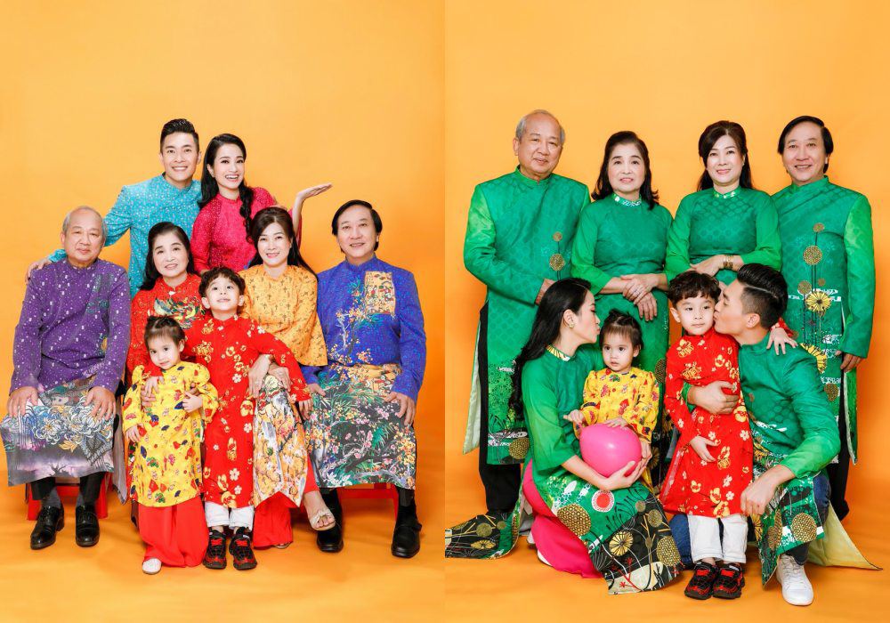 Mỗi dịp Xuân về, vợ chồng hoàng tử xiếc Quốc Cơ - MC Hồng Phượng lại chụp bộ hình kỷ niệm với các con và ông bà. Nữ MC cho biết đây là nét truyền thống của gia đình, góp phần kết nối các thành viên.