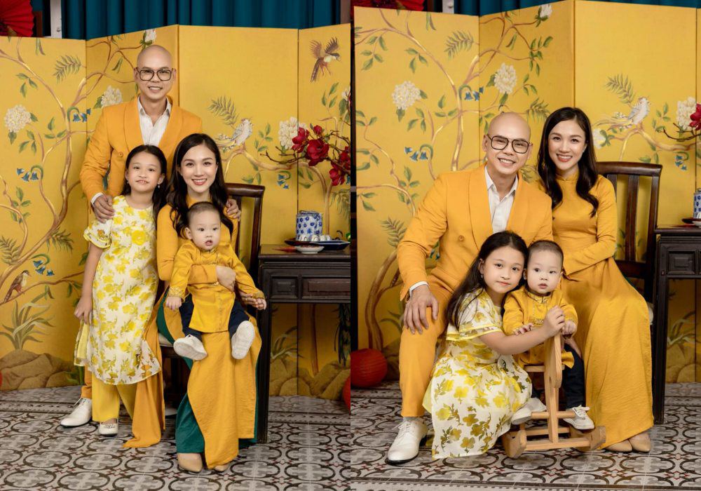 Vợ chồng ca sĩ Phan Đinh Tùng - Ngọc Bích chụp bộ ảnh kỷ niệm Tết đầu tiên có thêm thành viên nhí thứ 2 với áo dài vàng rực. Trên trang cá nhân, anh cầu mong mọi điều tốt lành đến với gia đình mình trong năm mới.