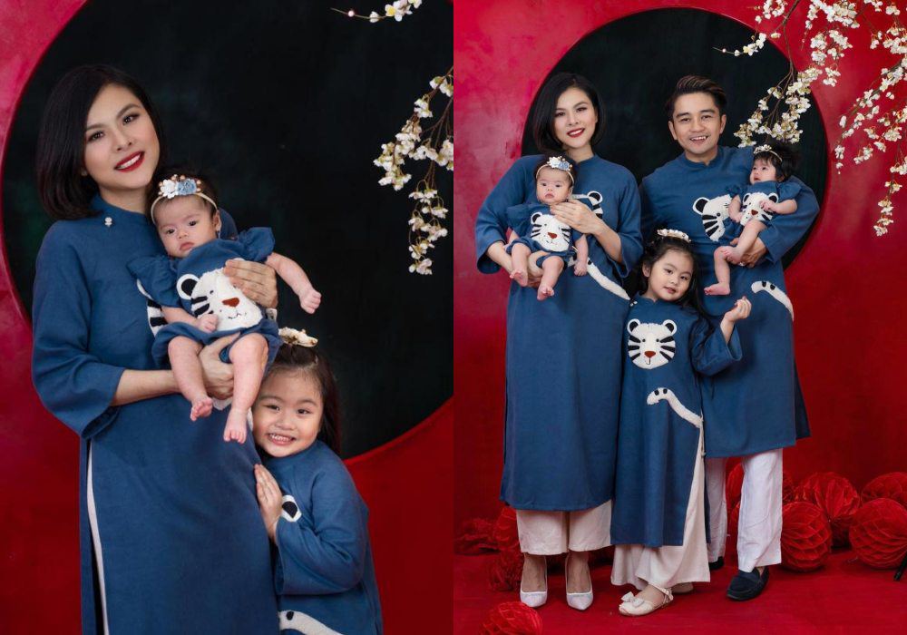 Vân Trang đã chính thức khoe dung mạo cặp song sinh vào những ngày đầu Xuân 2022 trong bộ ảnh áo dài.