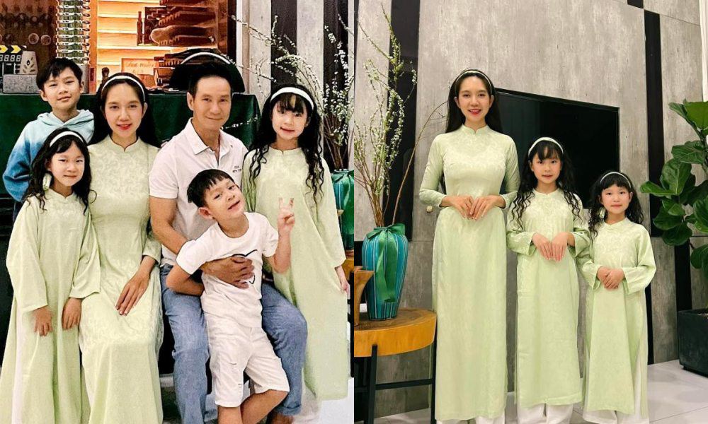 Gia đình nghệ sĩ đông con nhất nhì showbiz Việt Lý Hải - Minh Hà quây quần chụp ảnh trong ngày đầu năm Nhâm Dần. Năm nay, bà xã Lý Hải đặt may riêng một mẫu áo dài cho mình và các công chúa nhỏ trong nhà.