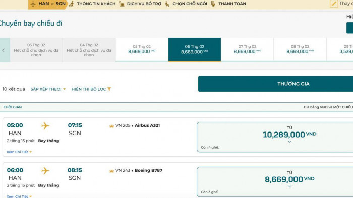 Trong ngày mai (6/2), chặng bay Hà Nội - TP.HCM chỉ còn duy nhất vé hạng thương gia của Vietnam Airlines.