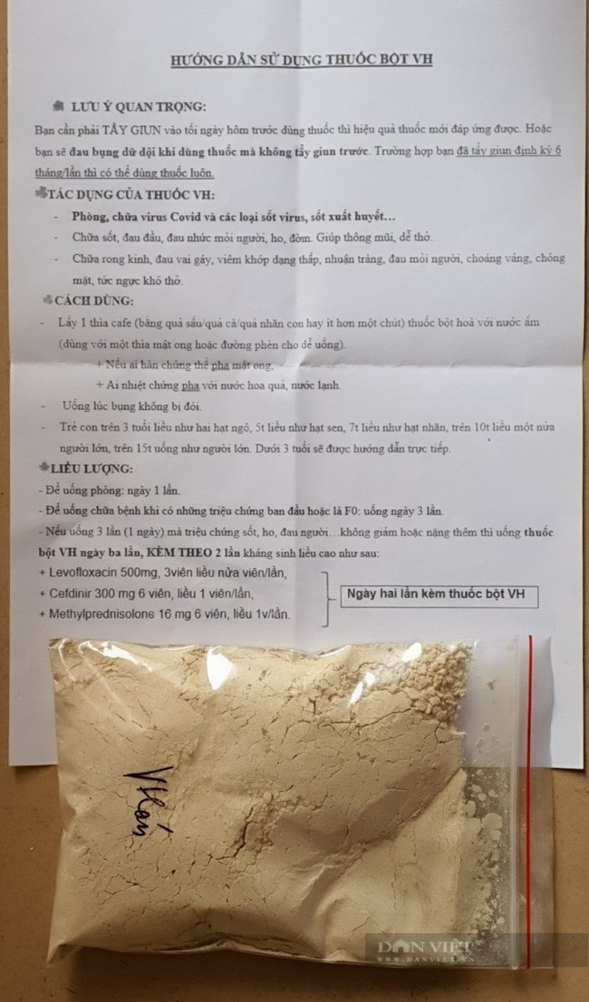 Ông Tuấn tự đưa ra hướng dẫn sử dụng thuốc bột VH cho người nhiễm Covid-19, thậm chí còn hướng dẫn dùng kèm kháng sinh liều cao. Ảnh PV.