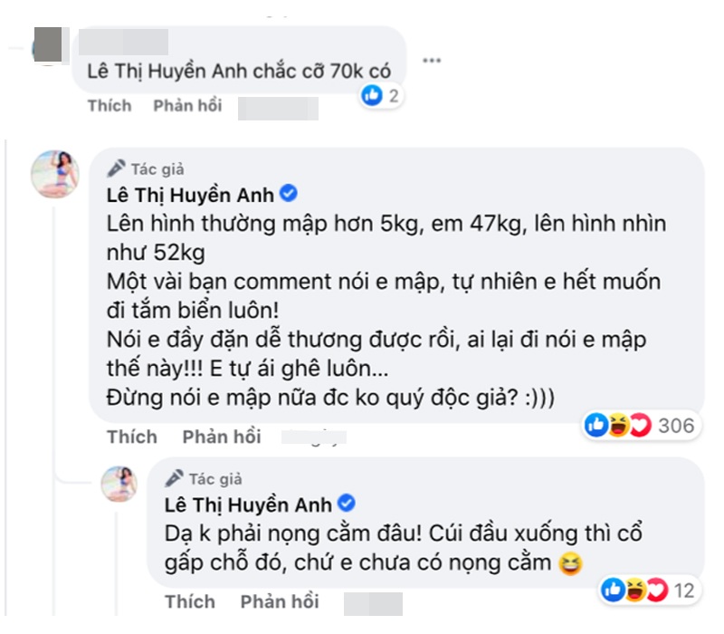 Thế nhưng, bên dưới bài đăng, nhiều tài khoản lại bày tỏ quan điểm rằng cô nàng béo mập. Có người còn chê cô nặng cỡ 70kg. Gái xinh liền đính chính lại mức cân thực tế cùng lời giải thích tại sao mình trông mập.
