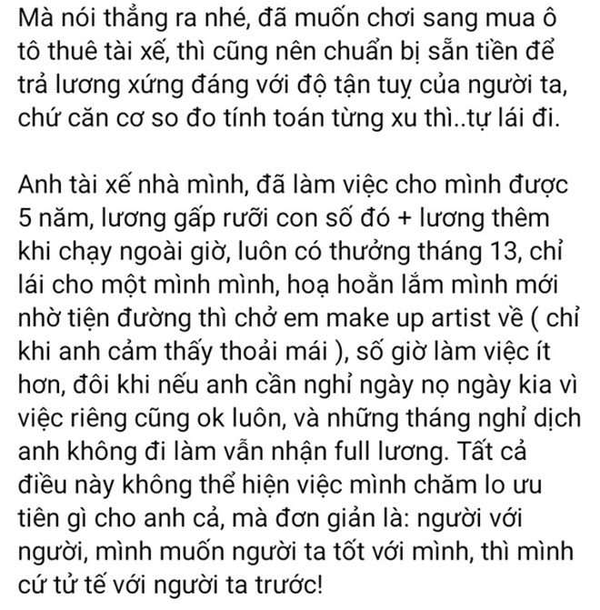 Cô tiết lộ mình trả lương cho tài xế gấp rưỡi nhà ai đó.