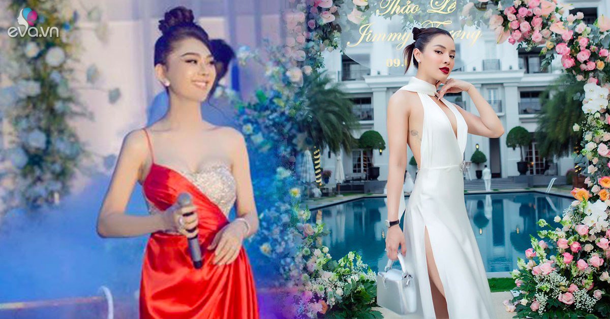 The end of Lam Khanh Chi, another female star who wore a dress with a slit at the waist to go to the wedding had to rush to fix it.