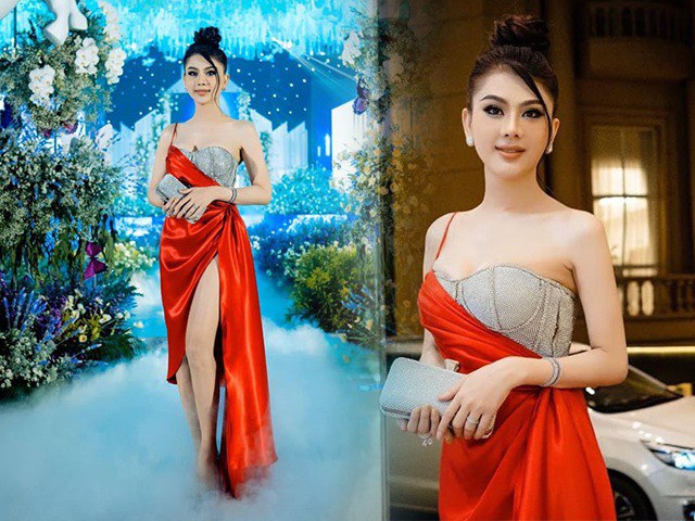 At the end of Lam Khanh Chi, another female star wore a dress with a slit at the waist to go to a wedding and had to rush to fix it - 1