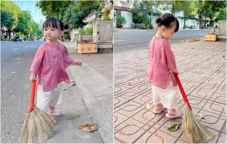 Out in standard rich kid clothes, daughter Dong Nhi stays at home wearing her grandmother's dress, Miss Hai Mien Tay - 5