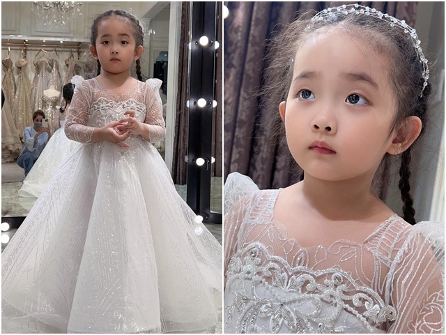 Con gái Khánh Thi Phan Hiển diện váy cưới xinh như công chúa, gương mặt mợ chảnh cực kiêu sa