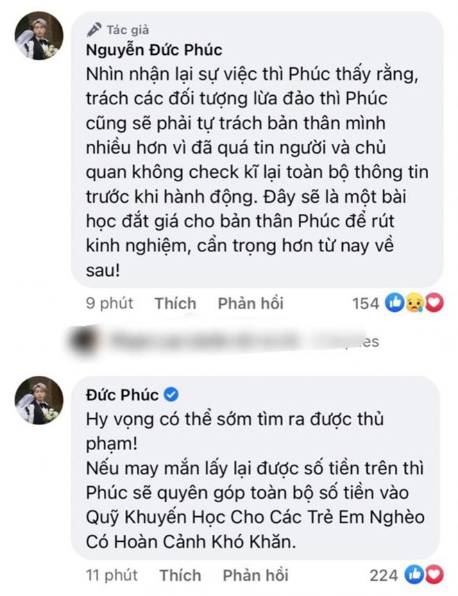 Đức Phúc đang rất mong muốn tìm ra thủ phạm để mang số tiền đó đi từ thiện.
