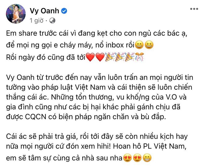 Vy Oanh bày tỏ sự vui mừng, khẳng định cái ác sẽ phải trả giá khi biết tin bà Phương Hằng bị bắt tạm giam.