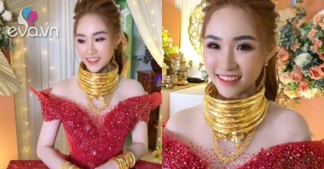 The bride wears gold around her neck, looks like a famous actress