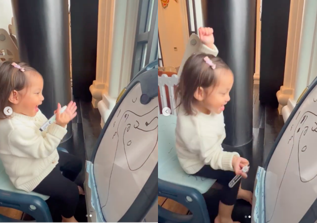 Ái nữ nhà Hà Hồ vui mừng khi hoàn thành xong 1 nét vẽ, vỗ tay và miệng hô to: Yeahhh.