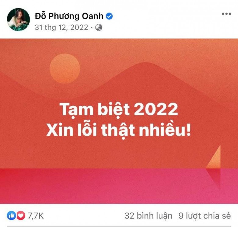 Phương Oanh đăng status tạm biệt 2022 và gửi lời xin lỗi trước giờ phút bước sang năm mới. 