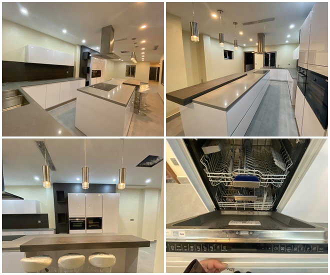 Trong hình là thời điểm đang hoàn thiện khu vực bếp và đảo bếp nhà người đẹp sinh năm 1987. Màu sắc trung tính, đồ dùng cũng toàn thuộc hàng sang - xịn với thiết kế rất hiện đại.