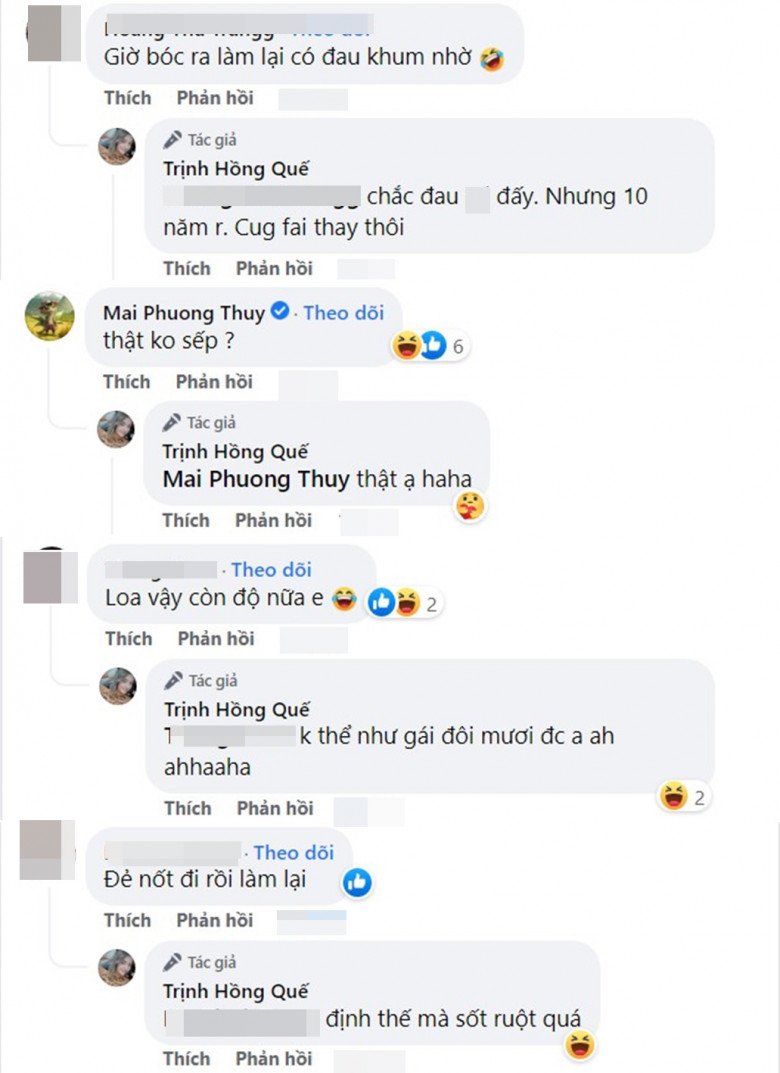 Hồng Quế hé lộ, bộ ngực của cô đã có tuổi thọ 10 năm rồi, cũng đến lúc phải thay. Nếu làm lại ngực sẽ phải nhịn đau hơn lần 1 rất lớn, song vì ý định đẹp như gái đôi mươi nên cô đã quyết tâm.