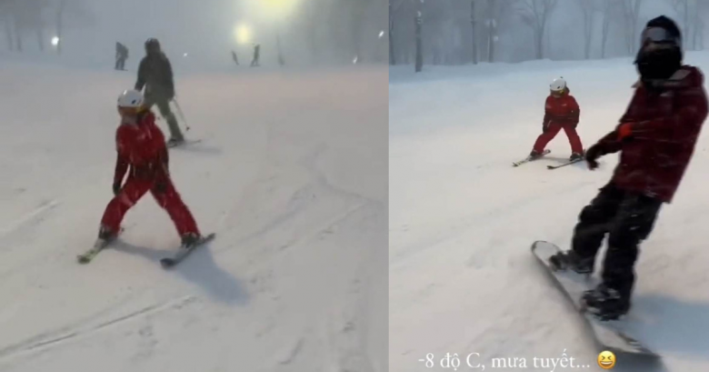 Cô bé cực thần thái, di chuyển linh hoạt trên nền tuyết trắng với tốc độ cực nhanh.