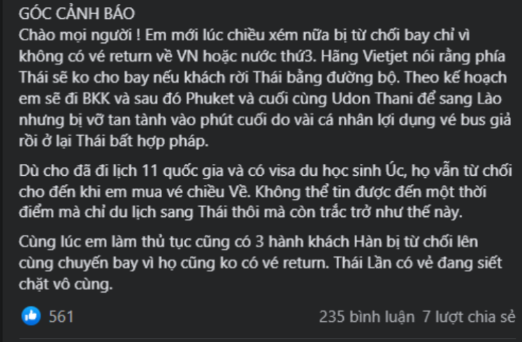 Nguyên văn bài viết chia sẻ về chuyến đi Thái trắc trở của Tuấn được đăng trên nhóm Du lịch Thái Lan.