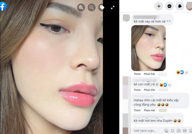 Hội người kĩ tính đã thấy... khó chịu với hàng eyeliner của Kỳ Duyên. Có lẽ vì làn da mộc của cô quá xuất sắc mà đã làm nổi bật lên phần đuôi mắt kẻ lem nhem. Có người còn xung phong dùng photoshop để chỉnh lại phần đuôi mắt của người đẹp cho sắc nét, thẳng hàng.