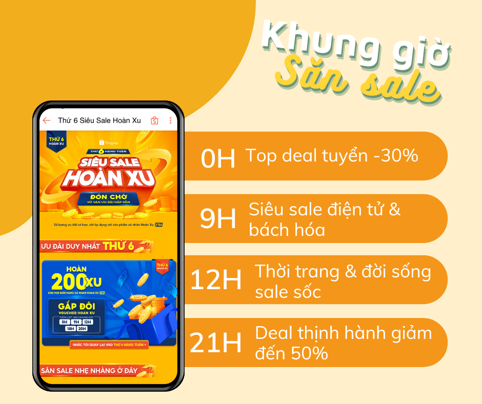 Tham gia sự kiện Thứ 6 - Siêu Sale Hoàn Xu hôm nay để nhận được ưu đãi hoàn xu cho tất cả đơn hàng, nhận gấp đôi voucher (*Số lượng ưu đãi có hạn, chỉ áp dụng với sản phẩm có nhãn Hoàn Xu Xtra). Đừng quên đặt lịch nhắc hẹn tại 4 khung giờ 0H-9H-12H-21H.