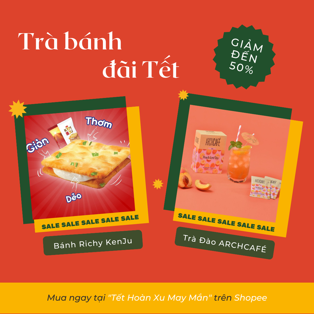 Combo bánh quy giòn kèm dẻo Kenju từ Richy và trà hòa tan vị đào đá Archcafé sẽ giúp những buổi gặp mặt đầu năm thêm thú vị.