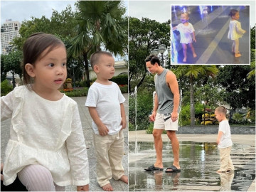 Sao Việt 24h: Kim Lý dắt 2 con ra công viên nghịch vòi phun nước, Leon "quẩy" tưng bừng mất cả quần
