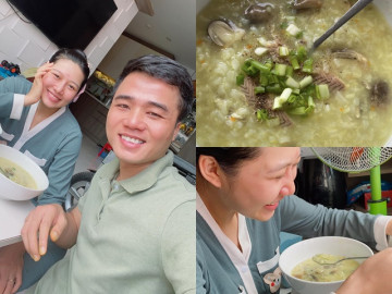 Chàng không chân Tô Đình Khánh dậy sớm vào bếp nấu cháo nóng tẩm bổ cho vợ bầu