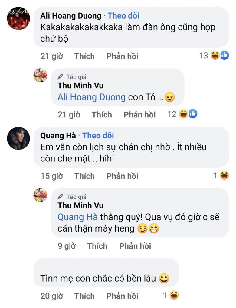 Dưới phần bình luận, Ali Hoàng Dương còn tiếp tục trêu Thu Minh rằng: Làm đàn ông cũng hợp chứ bộ.