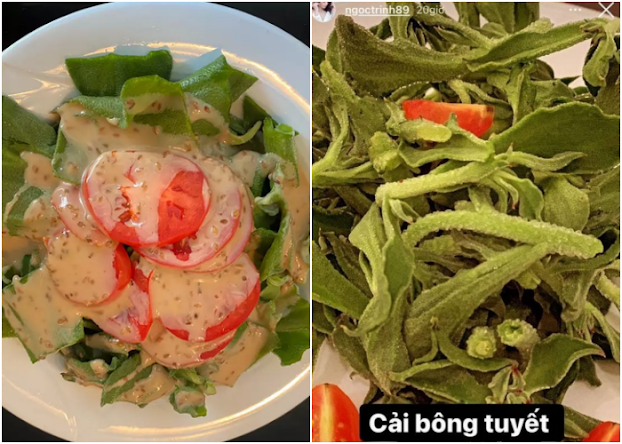 Ngọc Trinh chia sẻ bữa ăn có cải bông tuyết - hay còn gọi là rau kim cương vì độ quý và hiếm thuộc dạng khủng.