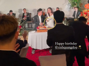 Xuất hiện video Hoa hậu Đỗ Mỹ Linh bế bụng lùm lùm giữa tiệc sinh nhật con trai út Bầu Hiển