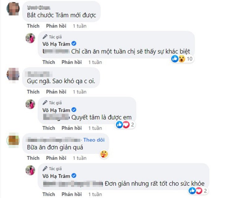 Nhiều chị em cảm thán: Gục ngã, sao khó quá chị ơi, Bữa ăn đơn giản quá. Song như quý cô đã trình bày, vì cô có mục tiêu và kế hoạch cụ thể nên chỉ cần quyết tâm là làm đẹp được. Thậm chí, người đẹp còn cho rằng, hãy thử ăn 1 tuần là thấy sự khác biệt liền và đúng như lời hứa, cô đã show body sau đúng 1 tuần: đẹp mãn nhãn.