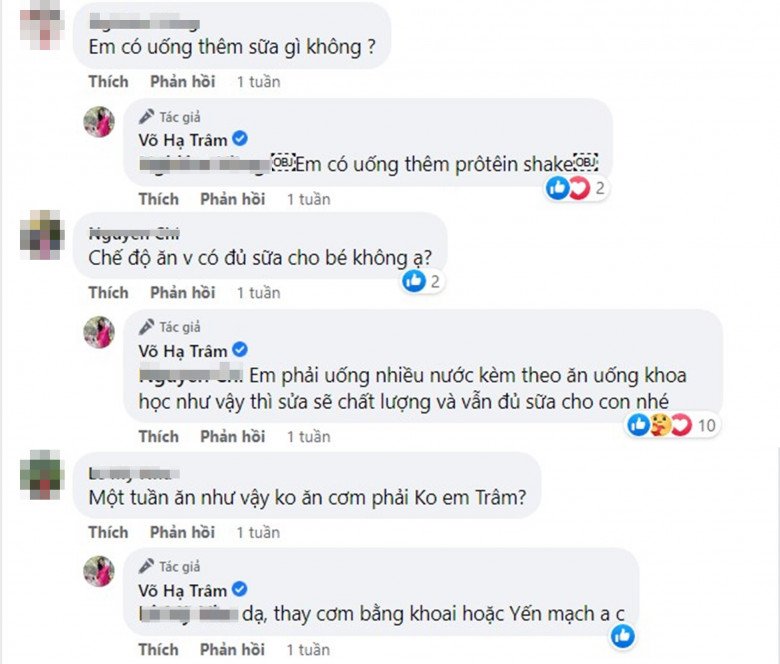 Bên dưới bài đăng, cô cũng chia sẻ thêm là mình có dung nạp thêm protein shake (loại bột whey lắc chuyên dụng cho người tập luyện). Tinh bột cô linh hoạt với khoai lang luộc, cơm trắng hoặc yến mạch. Thêm vào đó là cô uống nhiều nước và tính toán cẩn thận để đủ sữa cho em bé bú mà vẫn giảm cân, giảm mỡ.