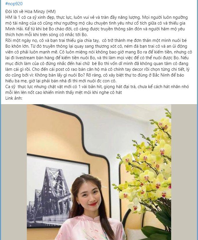 Bài viết xuyên tạc việc Hòa Minzy bán nhà, cho rằng nữ ca sĩ buộc phải làm vậy để có tiền nuôi con.