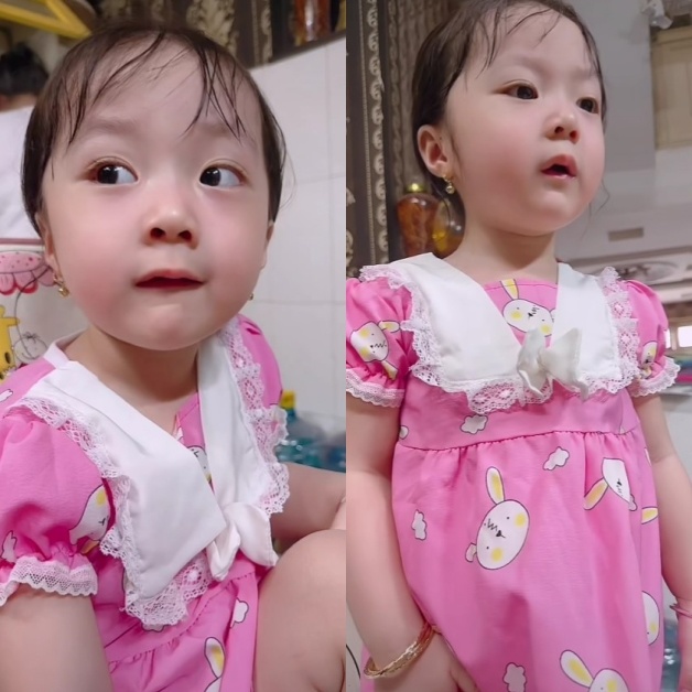 Điệu bộ đòi đi bán vé số của nhóc Tina khiến người xem thích thú.