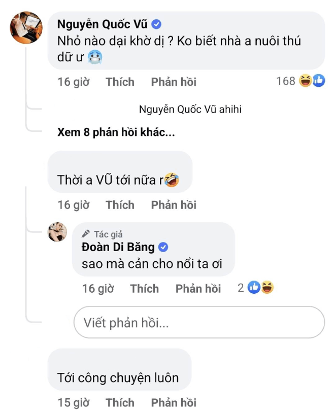 Dưới bài đăng của vợ, đại gia Nguyễn Quốc Vũ nói vui: Nhỏ nào dại khờ vậy? Không biết nhà anh nuôi thú dữ ư?.